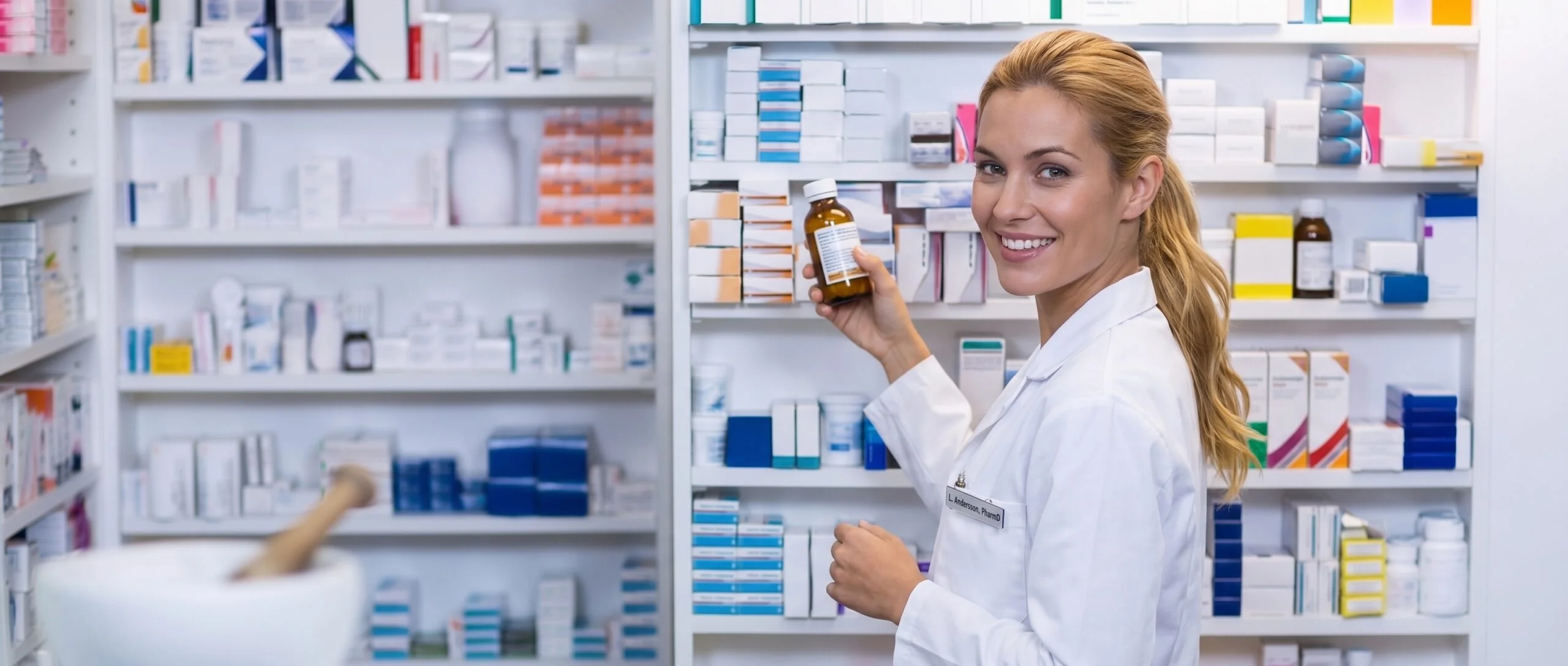 Farmacéutica organizando productos